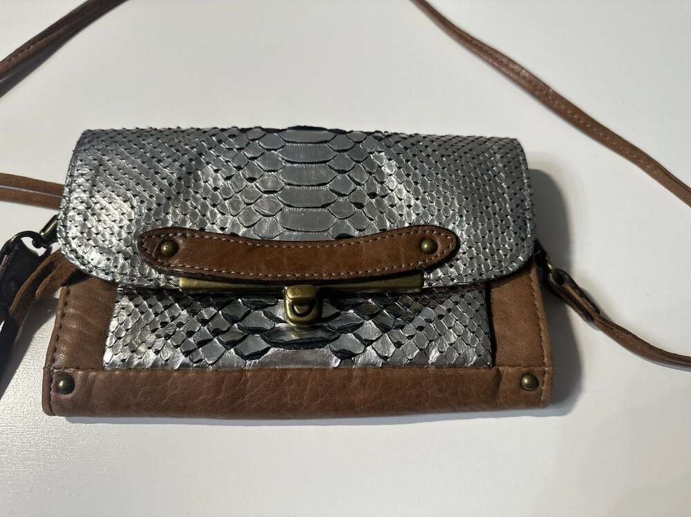 Abaco Paris Leather & Metallic Snakeskin Crossbody Wallet Bag Made in France